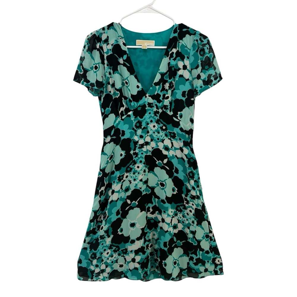 Michael Kors Teal Floral V-Neck Mini Dress Size 0 (U)